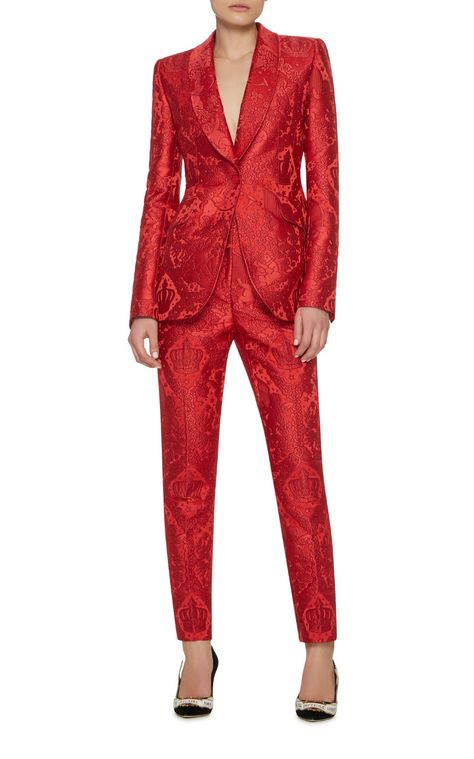 Dolce and Gabbana | Red Jacquard Jacket and High Rise Trousers | Autumn • Fall Fashion Jacquard Suit Women, Venus Fashion, Jacquard Jacket, Woman Suit Fashion, Red Suit, Suit Women, Moda Vintage, Dresses For Teens, Edgy Outfits