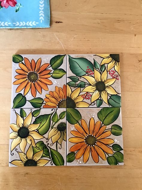 Easy Tile Painting Art, Diy Hand Painted Tiles, Painted Tiles Art, Tile Painting Art, Tile Painting Ideas, Painting On Tiles, Painting On Tiles Ceramics Diy Coasters, Painted Ceramic Sunflowers, Hand Painted Coasters Square