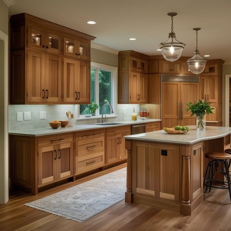 Cream Kitchen With Wood Cabinets, Kitchen With Cypress Cabinets, Wooden Cabinetry Kitchen, Natural Cherry Wood Kitchen Cabinets, Granite Countertops With Maple Cabinets, Kitchen Cabinet Natural Wood Colors, Wood Stain Cabinets Kitchen, Warm Color Kitchen, Modern Wood Kitchen Cabinets