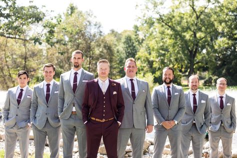 Gray & Burgundy Groomsmen Attire // Fun & Elegant Pennsylvania Wedding via TheELD.com Gray Suit Burgundy Tie, Burgundy And Grey Groomsmen Attire, Grey Groomsmen Suits With Burgundy, Groomsmen Attire Grey And Burgundy, Dark Grey Groom Suit Burgundy Tie, Burgundy Groomsmen Attire, Burgundy Bridesmaid Dresses Grey Suits, Burgundy Groomsmen, Casual Groomsmen