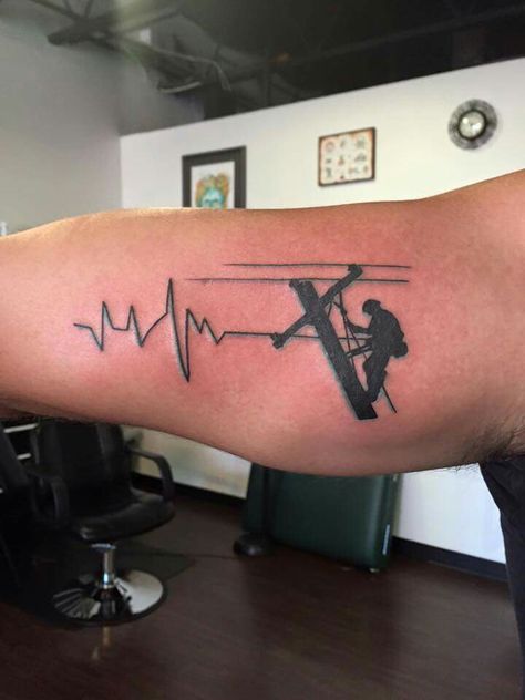 Lineman Electrical Tattoo Ideas, Lineman Tattoos Wife, Power Lineman Tattoo, Lineman Tattoos For Men, Electric Tattoo Ideas, Electrician Tattoo Ideas, Electrician Tattoo, Lineman Electrician, Lineman Silhouette