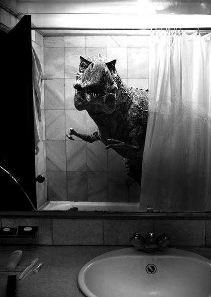 Trex shower. *Best and worst practical joke ever!! A Dinosaur, White Photo, Pics Art, T Rex, White Photography, Wallpaper Iphone, Surrealism, Street Art, Art Photography