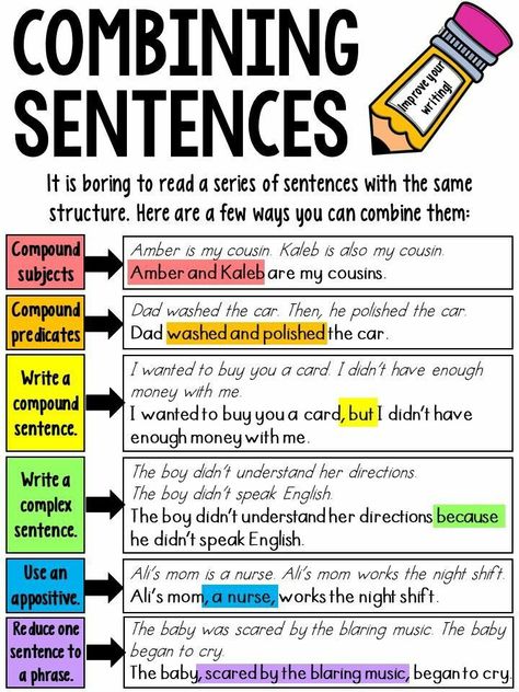 Funny Idioms, Describe Personality, Sentence Combining, Sentence Anchor Chart, Combining Sentences, English Adjectives, Ela Writing, Writing Anchor Charts, 4th Grade Writing