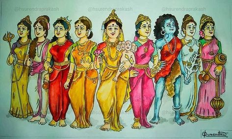 Nava Durga Drawing, Nava Durga, Navratri Devi Images, Goddess Kali Images, Indian Illustration, Durga Painting, Boho Art Drawings, Shakti Goddess, Shiva Parvati Images