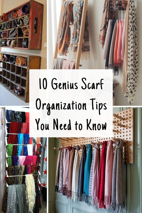 Keep your scarves tidy and accessible with these clever storage ideas. Perfect for maximizing space and adding charm to your room. Storage For Scarves Scarf Organization, Scarf Holders Organizers, Scarf Holder Ideas, Scarves Storage Ideas, Scarf Storage Ideas Organizing Scarves, Hat And Glove Storage Ideas, Scarf Organization Ideas, Hijab Organization Ideas, Organize Scarfs