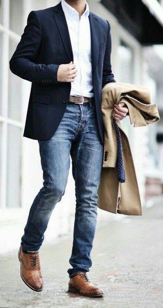 Business Denim Outfit for men with Blazer or suit jacket with white denim and a khakhee overcoat in hand. Business Attire For Men, Mens Business Casual Outfits, Suits Men Business, Mens Fashion Blazer, Best Dressed Man, Mens Fashion Smart, Classy Men, Mens Fashion Casual Outfits, Mens Fashion Suits