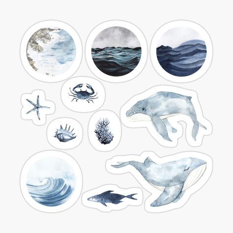 Sea Aesthetic Sticker, Blue Theme Stickers Printable, Elemental Blue Aesthetic, Sea Stickers Aesthetic, Watercolor Stickers Printable, Ocean Themed Stickers, Ocean Aesthetic Stickers, Ocean Stickers Printable, Blue Theme Stickers