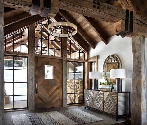 Rustic Mountain Homes, Rustic Staircase, Rustic Entry, Sky Architecture, Home Entryway, Big Sky Montana, Mountain Living, Mountain Lodge, Front Entry