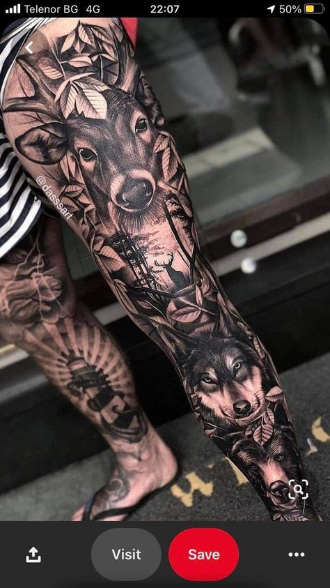 Hunting Tattoos For Guys, Hunting Tattoos, Animal Sleeve Tattoo, Full Leg Tattoos, Tattoos Geometric, Leg Tattoo Men, Leg Sleeve Tattoo, Tattoo Girls, Cool Tattoos For Guys