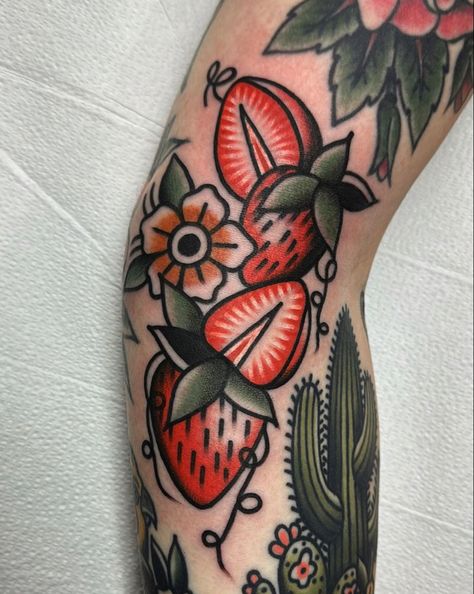 Traditional Tattoo Filler, Traditional Tattoo Woman, Peach Tattoo, Left Arm Tattoos, Strawberry Tattoo, Fruit Tattoo, Traditional Tattoo Inspiration, American Traditional Tattoo Ideas, Traditional Tattoo Ideas