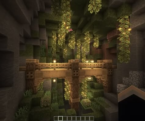 Minecraft Lush Caves Village, Minecraft Deepslate Cave Base, Minecraft Cave Base Interior, Lush Cave Village Minecraft, Minecraft Cave Bridge, Minecraft Crop Field, Mc Bridge, Minecraft Cave Base Ideas, Lush Cave