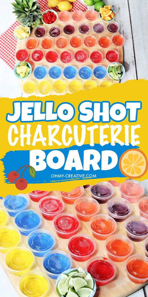 Create the ultimate party drink board with this Jello Shot Charcuterie Boards!  Experience a burst of flavors with a variety of fruity jello shots paired with variety of garnishes. Impress guests when they arrive with this clever party tray. Enjoy a selection of vodka jello shot recipes perfect for any occasion! #JelloShots #CharcuterieBoard #PartyIdeas Jello Shots Display Party Ideas, Cocktail Charcuterie Board Ideas, Jell-o Shot Charcuterie Board, Jello Shot Charcuterie Board, Shot Charcuterie Board Ideas, Shot Charcuterie Board, Shot Cuterie Board Ideas, Vodka Jello Shot Recipes, Alcohol Charcuterie Board