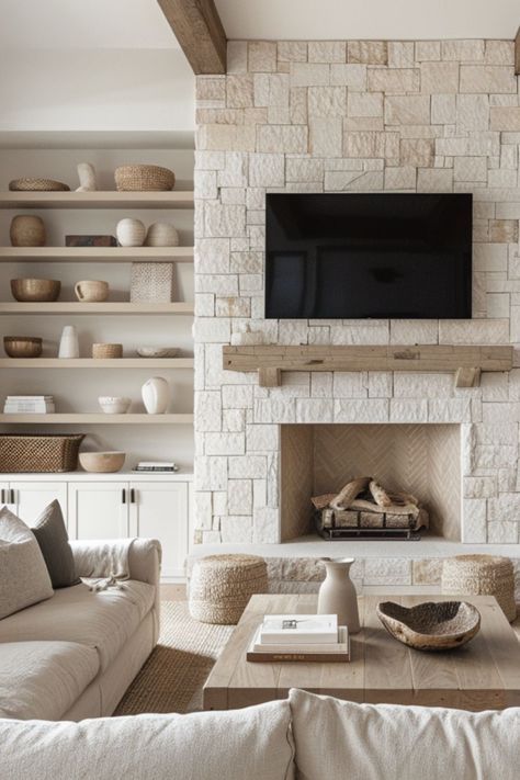 Built In Shelves Living Room With High Ceilings, Asymmetrical Built Ins Around Fireplace, Living Room Fireplace With Built Ins, Build In Fireplace Living Rooms, Stone Fireplace With Built Ins, Modern Transitional Fireplace, Built Ins Around Fireplace, Build Ins, Fireplace Bookcase