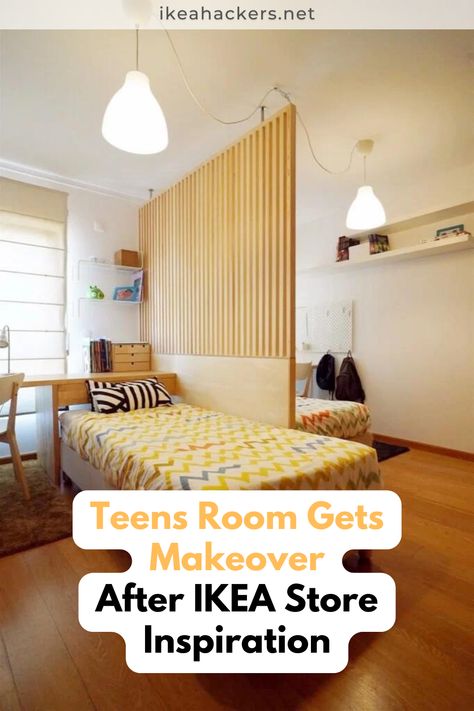 This hack is for our soon-to-be teenagers room. It consists of a KARLBY worktop turned into a desk/bed headboard, ESPEVÄR Slatted mattress bases that double as couches during the day, and also an idea for a room divider after a visit to the IKEA store. Follow along for more easy Ikea hacks ad DIY home decor ideas! Room Divider Ideas Bedroom, Kids Room Divider, Bedroom Divider, Sibling Room, Cama Ikea, Store Inspiration, Teens Room, Kids Shared Bedroom, Shared Kids Room