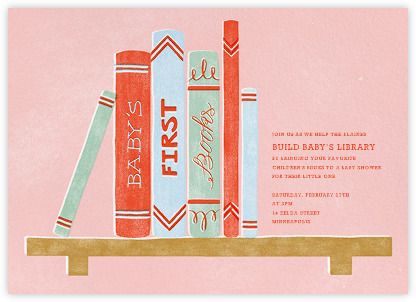 Baby's Bookshelf - Pink - Paperless Post Modern Baby Shower Themes, Baby Bookshelf, Online Baby Shower Invites, Online Baby Shower, Book Theme, Baby Shower Invitations Design, Belated Birthday Card, Kids Birthday Themes, Paperless Post