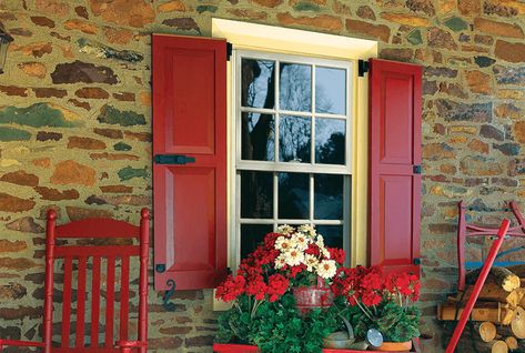 Our Blog | Exterior Home Design | Timberlane Shutter Experts | Shutter Inspiration Rustic Farmhouse Exterior, Red Shutters, House Shutters, Diy Shutters, Shutters Exterior, Wood Shutters, Window Shutters, Windows Exterior, Farmhouse Exterior