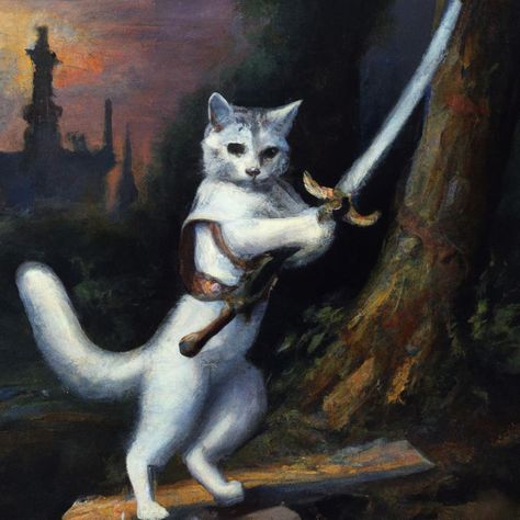 A Realism painting of Inigo the Cat, ready for battle while brandishing his sword. Available on everything from stickers to wall art! Realism Painting, Warrior Cats, Realism, Cat Art, Art Inspo, Wall Art, Wall, Art