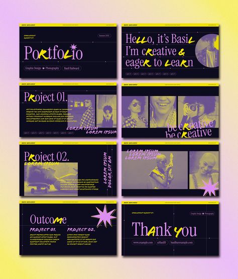 Vibrant yellow and purple accents give this retro-inspired portfolio a modern twist. Perfect for creative professionals looking to make a bold Print Portfolio, Ppt Template Design, Printed Portfolio, Ppt Design, Creative Graphic Design, Yellow And Purple, Purple Accents, Purple Design, Business Templates