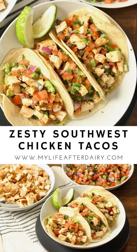 Learn how to quickly and easily make these juicy Southwest chicken tacos. Packed with juicy southwest chicken, homemade pico de Gallo, and fresh guacamole, this juicy taco recipe is just bursting with flavor. Juicy Chicken Tacos, Southwest Chicken Tacos, Dairy Free Tacos, Chicken Recipes Dairy Free, Taco Tuesday Recipes, Homemade Pico, Dairy Free Recipes Dinner, Taco Bowl, Dinner Rotation