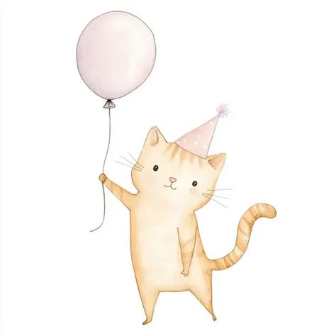 ↑↑↑ Larger size on website 🔸 A cute cartoon cat wearing a pink party hat holds a pink balloon with its paw.  It's smiling and has Cat Balloon, Balloon Watercolor, Happy Expression, Cat Balloons, Cute Cartoon Cat, Pink Balloons, Pink Party, Pink Parties, Party Hat