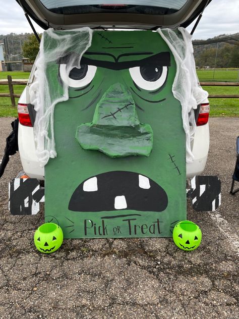 Pick Or Treat Frankenstein, Trunk N Treat Ideas, Frankenstein Trunk Or Treat Ideas, Frankenstein Trunk Or Treat, Trunk Or Treat Ideas For Cars, Trunker Treat Ideas, Haunted Mansion Decor, Infant Classroom, Harvest Party