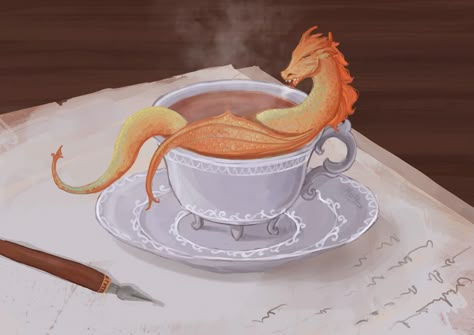 Coffee Dragon Art, Coffee Dragon, Tea Dragon, Dragon Chino, Tiny Dragon, Here There Be Dragons, Here Be Dragons, Magic Design, Cute Fantasy Creatures