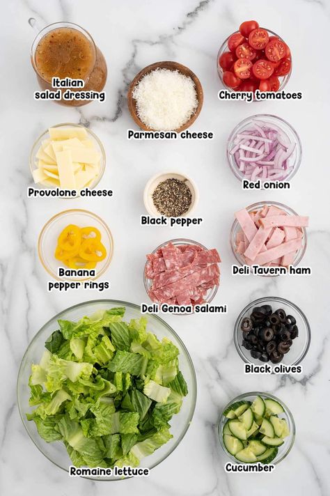 Sub Sandwich in a Bowl ingredients. Subway Salad Ideas, Jimmy John’s Unwich Salad, Sub In A Tub Salad Meal Prep, Sub Sandwich In A Bowl, Keto Sandwich Bowl, Sub Tub Salad, Sub In A Tub Salad Keto, High Protein Sub In A Tub, Healthy Sub In A Tub