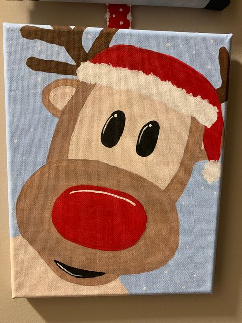 Christmas Cow Painting Canvas, Christmas Paintings Beginner, Rudolph Painting Canvas, What To Paint Christmas, Christmas Paints Ideas, Painting Ideas Christmas Canvas, Christmas Themed Canvas Paintings, Valentines Canvas Painting Ideas Easy, Christmas Paintings Easy Simple Kids