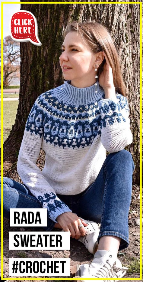 CROCHET Rada Sweater easy pattern - Easy Crochet Sweater Pattern for Beginners. Click to Get the Pattern #Sweater #crochetpattern #crochet via @shareapattern.com Crochet Sweater Nordic, Nordic Crochet Sweater Pattern, Crochet Icelandic Sweater, Nordic Sweater Crochet Pattern, Fair Isle Crochet Sweater Free Pattern, Crochet Nordic Sweater, Crochet Fair Isle Sweater, Icelandic Sweaters Pattern, Crochet Pullover Pattern Free