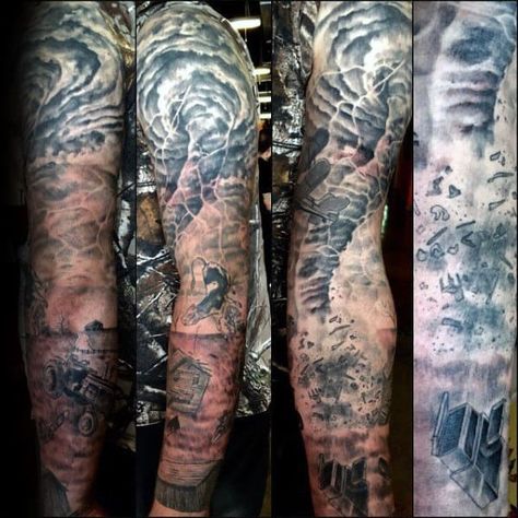 Destructive Mens Full Sleeve Tornado Tattoo Designs Tornado Tattoo, Men Tattoos Arm Sleeve, Tattoo Designs For Men, Trash Polka, Sleeves Ideas, Tattoo Cover-up, Meteorology, Ink Ideas, Cover Up Tattoos