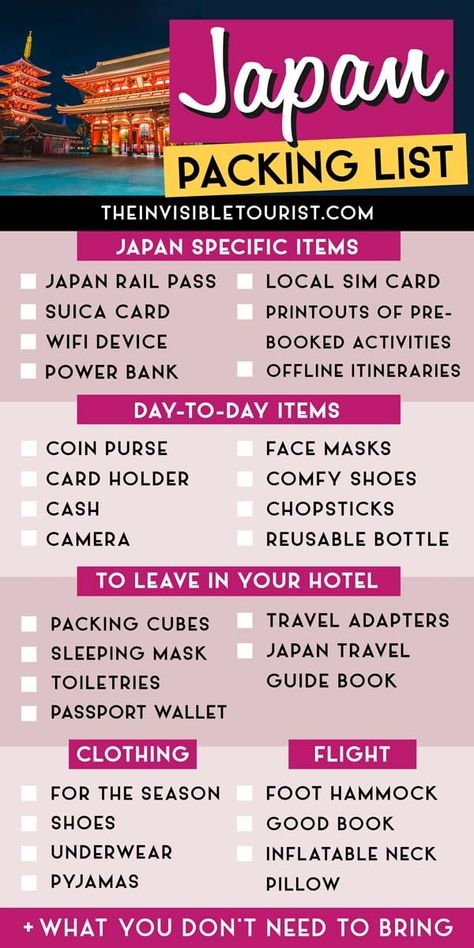 Wondering what to pack for Japan? Expert's Japan packing list includes things you haven't thought of, what to wear in Japan (plus what NOT to wear and bring!) This packing list for Japan also includes items for how to be a responsible tourist to minimise your environmental footprint as well as things to make the flight more comfortable. Save the Japan packing checklist for easy reference when the time comes for your Japan trip! | The Invisible Tourist Japan Checklist Packing Lists, What To Pack For Japan In September, 2 Weeks In Japan Packing, What To Pack For Japan Winter, What To Bring To Japan Packing Lists, What To Pack For Japan In Autumn, Japan Trip Packing Lists, What To Pack For Japan In Summer, Japan Summer Packing List