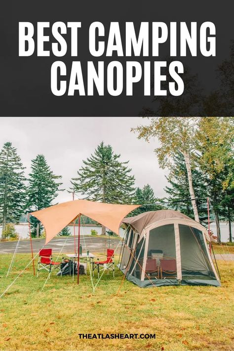 Our picks for the best camping canopies! If you want to make sure your next outdoor camping trip doesn't get ruined by the weather, you need a camping canopy. Camping canopies provide protection from rain, wind, and sun. And there's a camping canopy for every budget and style of camper out there. Click through to find the perfect camping shelter for you! #campingcanopy #canopytent #campingtarp #camping #campinggear Canopy Over Tent Camping, Camping Canopy Ideas, Camping Awning Ideas, Camping Shade Ideas, Camping Shelter Ideas, Homemade Canopy, Rain Tent, Camper Inspiration, Awning Ideas