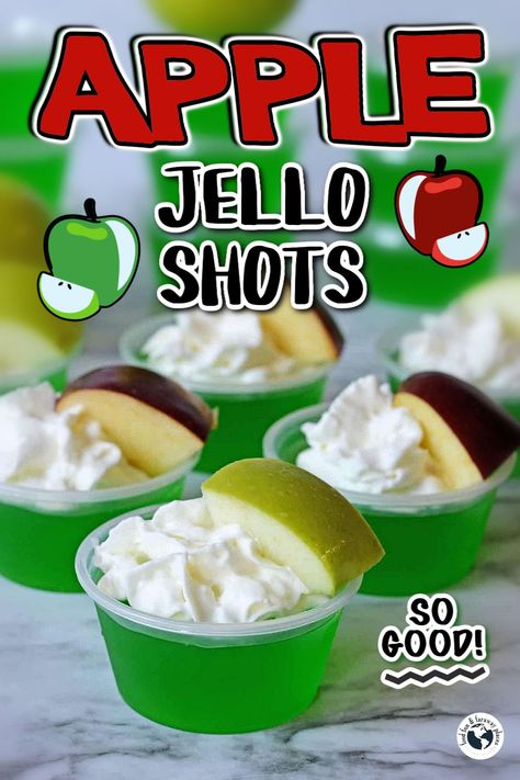 An incredible treat for your next party, everyone will love these Apple Jello shots. Fun to serve, easy to make, and a colorful eye-catching addition to your party table. Apple Vodka Jello Shots, Green Apple Jello Shots, Jello Shots With Vodka, Shots With Vodka, Apple Jello Shots, Jello Shots Vodka, Apple Vodka, Shot Recipes, Jello Shots