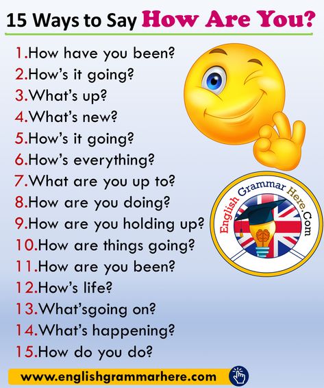 Different Ways to Say How Are You? in English 1.How have you been? 2.How’s it going? 3.What’s up? 4.What’s new? 5.How’s it going? 6.How’s everything? 7.What are you up to? 8.How are you doing? 9.How are you holding up? 10.How are things going? 11.How are you been? 12.How’s life? 13.What’sgoing on? 14.What’s happening? 15.How do... How Are You In Different Ways, Different Ways To Say How Are You, How Are You Synonyms, How Have You Been, How To Say How Are You, Ways To Say How Are You, How Are You Doing, How Are You, Schul Survival Kits