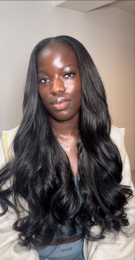 Medium Length Haircut For Thick Hair Black Women, Sew In Yaki Straight, Raw Hair Sew In, Birthday Hair Ideas Black Women, Straight Sew In Weave With Leave Out Middle Part, Light Yaki Sew In, Sew In Aesthetic, Leave In Hairstyles, Yaki Straight Sew In With Leave Out