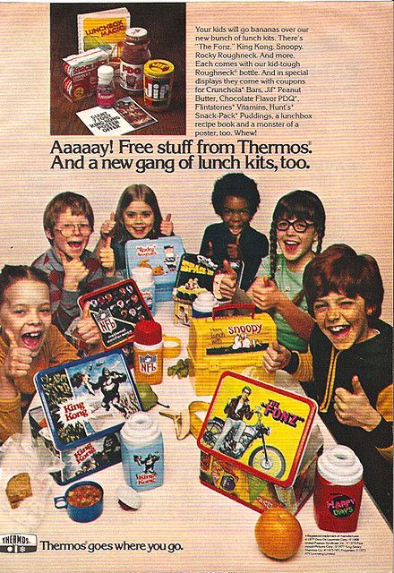 1977 Thermos Lunchbox Magazine Ad by gregg_koenig, via Flickr The Fonz, Lunch Boxes, School Lunch, King Kong, Lunch Box, Snoopy