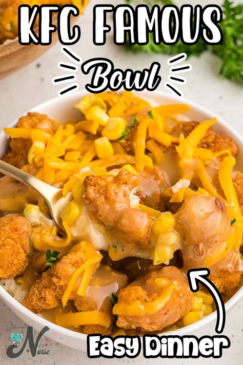 Kfc Famous Bowl Recipe Crock Pot, Healthy Kfc Bowl, Popcorn Chicken Bowl, Homemade Kfc Famous Bowl, Kfc Bowl Recipe, Famous Bowl Recipe, Kfc Famous Bowl Recipe, Dinner Kid Friendly, Kfc Mashed Potatoes