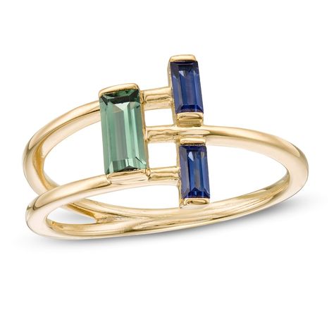 Baguette-Cut Lab-Created Green and Blue Sapphire Open Geometric Ring in Sterling Silver with 14K Gold Plate|Zales Finger Designs, Emerald Set, Sapphire Necklace Pendants, Emerald Rings, Geometric Fashion, Sparkly Jewelry, Mother Rings, Geometric Ring, Ring Ideas