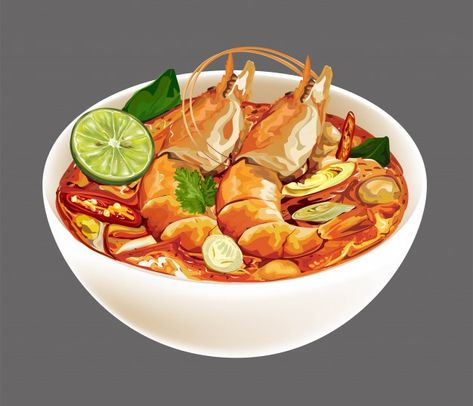 Tom yum kung thai food | Premium Vector #Freepik #vector #background #food #green #sea Soup Illustration, Tom Yum Kung, Soup Thai, Food Vector, Spicy Soup, Tom Yum, Thai Food, Free Icon, Thai Recipes