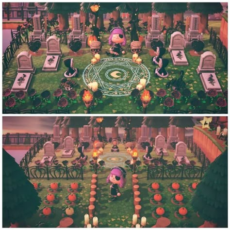 Halloween Decorations Animal Crossing, Animal Crossing Graveyard Ideas, Haunted Animal Crossing Island, Acnh Spooky Cottagecore, Acnh Island Design Ideas Halloween, Witchcore Acnh Island, Halloweentown Animal Crossing, Animal Crossing Witch Room, Animal Crossing Halloween Decor