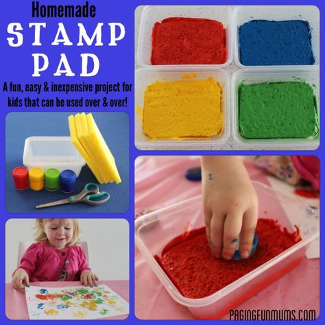 Homemade Stamp Pads for kids! RECYCLING IDEA - -GREAT FOR RECYCLING LEFT OVER PAINT USED AT THE ART EASEL. Diy Ink Pad, Diy Stamp Pad, Sand Footprint, Diy Ink, Homemade Stamps, Make Your Own Stamp, Diy Tulle, Tulle Poms, Footprint Craft