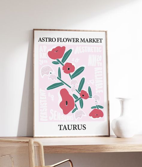 Taurus Graphic Design, Zodiac Sign Prints, Poster Prints Taurus, Aura Poster Taurus, Taurus Wall Print, Taurus Zodiac, Modern Flower, Flower Market, Birth Flowers