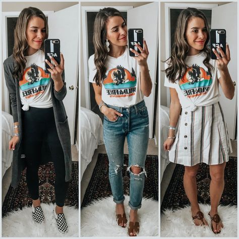 Dress Up Tshirt, Shirt Over Dress Outfit, Shirt Over Dress, Tee Styling, Graphic Tshirt Outfit, Tee Shirt Outfit, 3 Ways To Wear, Graphic Tee Style, Graphic Tee Outfits