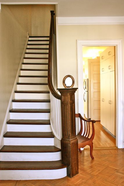 paint the risers to make the room seem bigger  #pinterestingrenters #forrent.com Painting Wooden Stairs, Painted Stair Risers, White Stair Risers, Painted Staircases, Painted Wood Floors, White Stairs, Beautiful Stairs, Building Stairs, Staircase Remodel