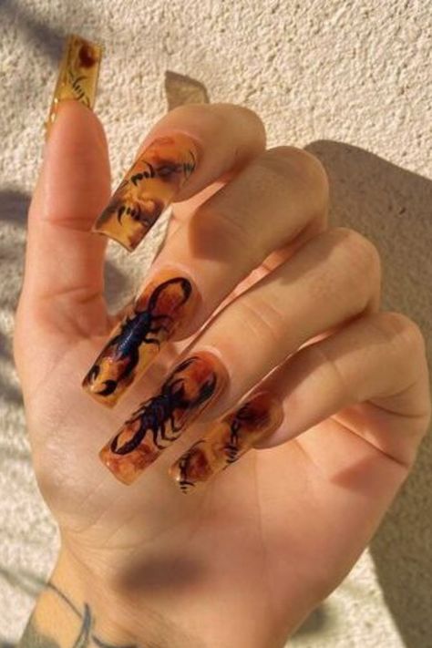 Scorpio Nails Tapered Square Nail Designs, Zodiac Nail Designs, Junk Nails, Brown Nails Design, Tapered Square Nails, Square Nail, Square Nail Designs, Scorpio Season, Tapered Square