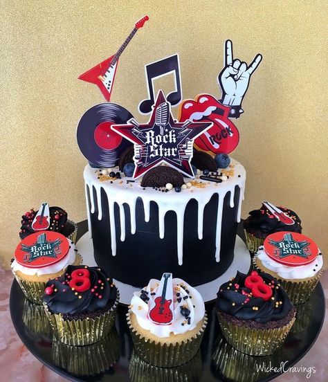 80s Rock Birthday Cake, Rock And Roll Themed Cake, Born To Rock Birthday Cake, Rock And Roll 1st Birthday Cake, Rockstar Cake Ideas, Rock N Roll Cake Birthday, Rock And Roll First Birthday Cake, Born To Rock Cake, Rock And Roll Cupcakes