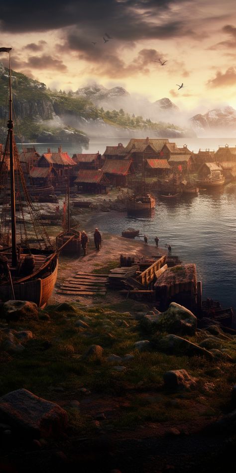 Fantasy Kingdom Art, Viking Landscape, Fantasy Adventure Aesthetic, Viking Kingdom, Fantasy Camp, Fantasy Kingdom, Viking Village, Middle Earth Art, Fantasy Island