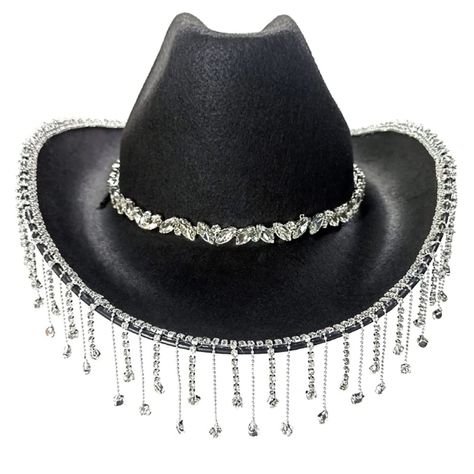 Rave Cowgirl, Hat With Fringe, Rhinestone Cowboy Hat, Cowgirl Hats Western, Cowboy Hats Women, Cute Birthday Party, Rave Hats, Rhinestone Cowboy, Black Cowboy Hat