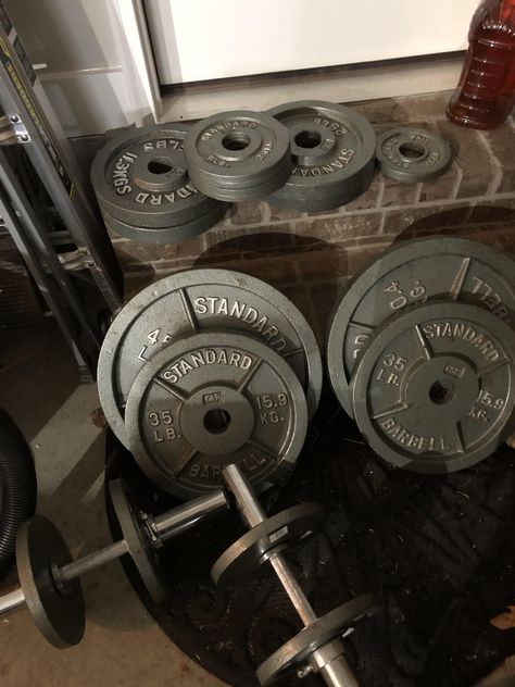 All of these plates the dumbbell bars and a bench press bar for $100 - Best deal so far for me!! Home Gym Garage, Gym Garage, Power Lifting, Happy Stuff, Gym Memes, Fitness Blogger, Gym Stuff, 2025 Vision, Bench Press