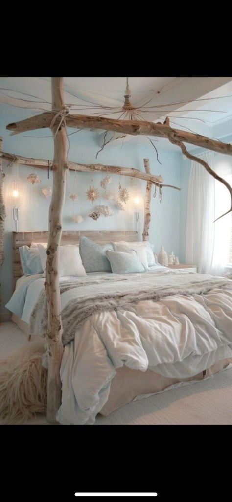 Coastal Shared Bedroom, Boho Coastal Bedroom, Canopy Bed Ideas, Coastal Bedroom Ideas, Ocean Bedroom, Ocean Themed Bedroom, Natural Bedroom Decor, Vibe Rooms, Beachy Bedroom